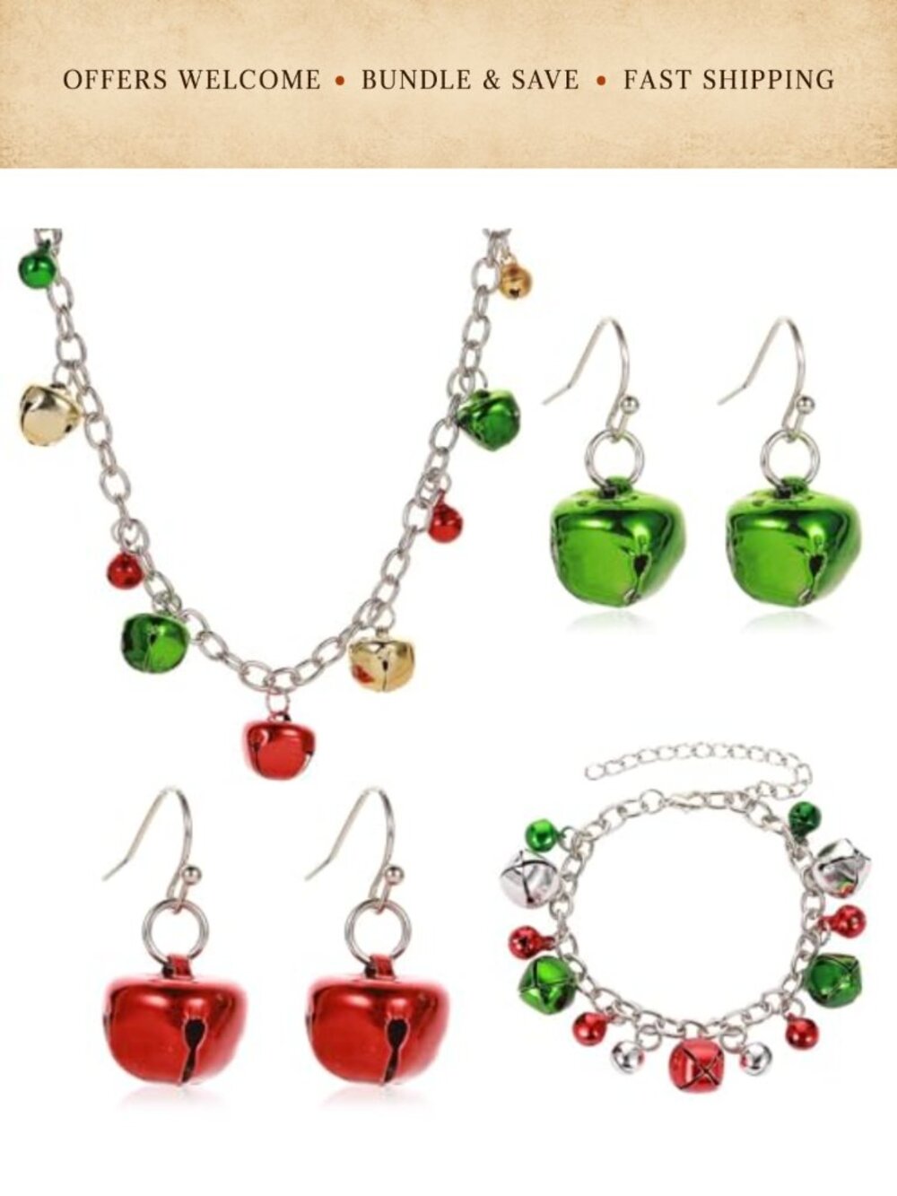 Christmas Jewelry Set Necklace Earrings Bracelet Ring Holiday Gift
